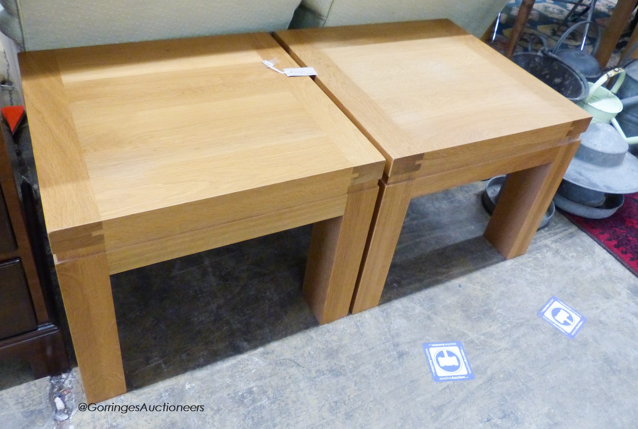 A pair of contemporary square oak lamp tables. W-55, H-45cm.
